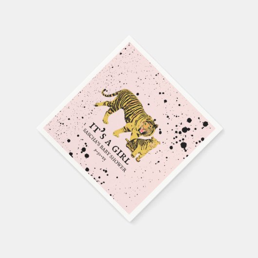 ママタイガー絵を描（ばちゃばちゃ）跳ねるピンクガール赤ちゃんシャワー スタンダードカクテルナプキン (角)