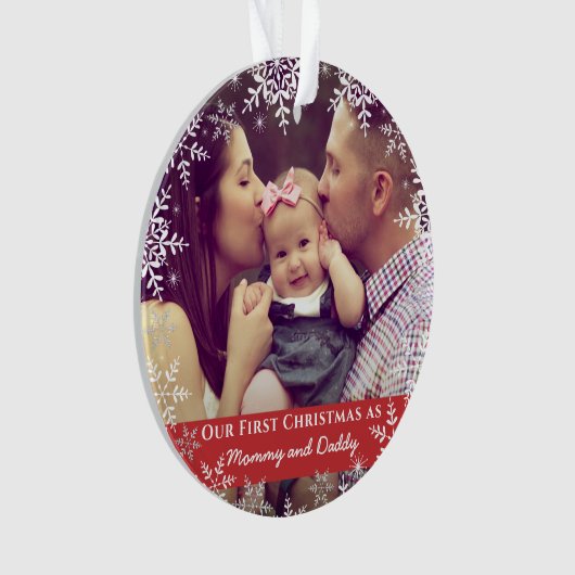 ママダディ初めてのクリスマススノーフレーク赤い写真 オーナメント (正面)