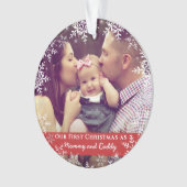 ママダディ初めてのクリスマススノーフレーク赤い写真 オーナメント (正面)