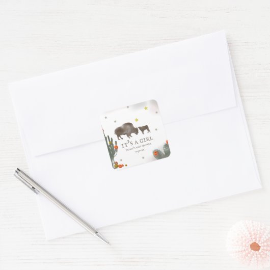 ママバッファローカクタスガールベビーシャワーラベル スクエアシール (封筒)