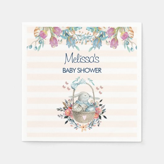 ママバニーinバスケット&チューリップ花模様ベビーシャワー スタンダードカクテルナプキン (正面)