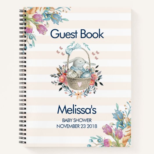 ママバニーinバスケット&チューリップ花模様ベビーシャワー ノートブック (正面)