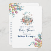 ママバニーinバスケット&チューリップ花模様ベビーシャワー 招待状 (正面/裏面)