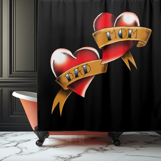 ママパパ赤いハートタトゥー シャワーカーテン