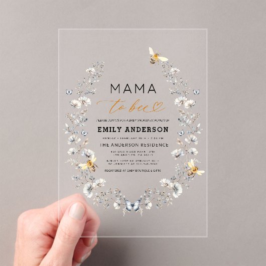 ママビーワイルドフラワーベビー男女兼用シャワー アクリル招待状 (インサイチュ (ポータブル))