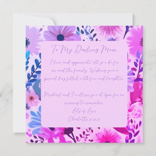 ママピンク、青と紫の花マザーデイカード (裏面)