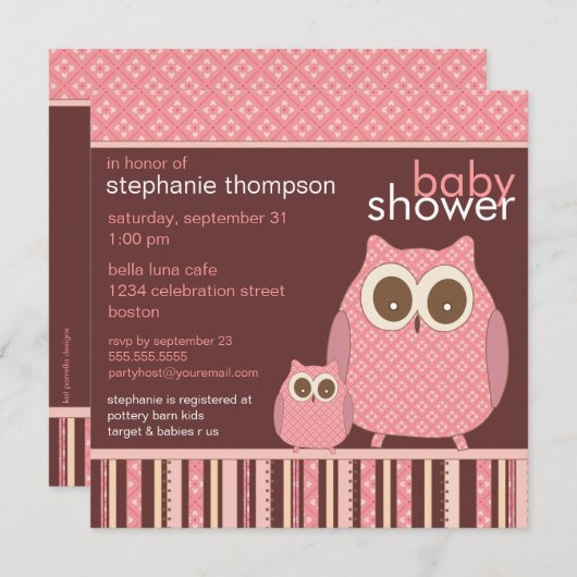 ママフクロウ&ベビーフクロウベビーシャワー 招待状 (正面/裏面)