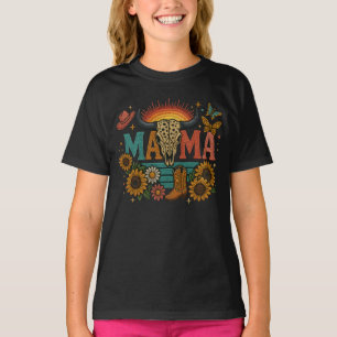 ママフラワー刺繍デザイン女性のカーボーイボホママ Tシャツ