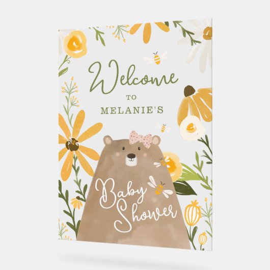 ママベアスイートハニービー赤ちゃんガールシャワーへようこそ アクリルサイン (傾斜)