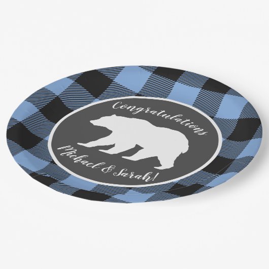 ママベアベビーシャワーウッドランドロッジボーイブルー ペーパープレート (アングル)