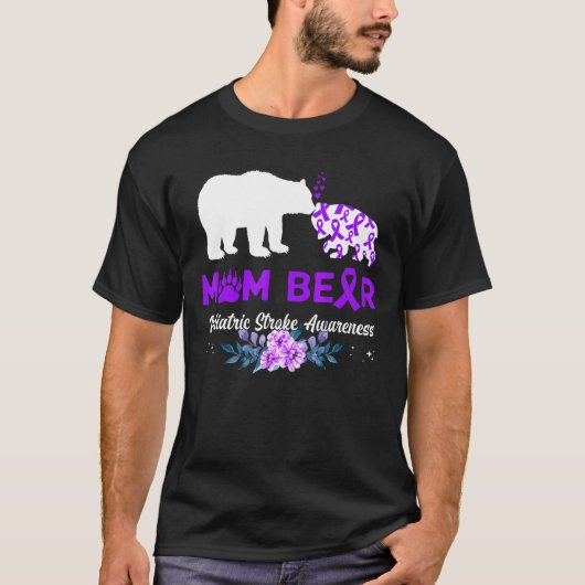 ママベア 小児脳卒中認知 紫色リボン Tシャツ (正面)