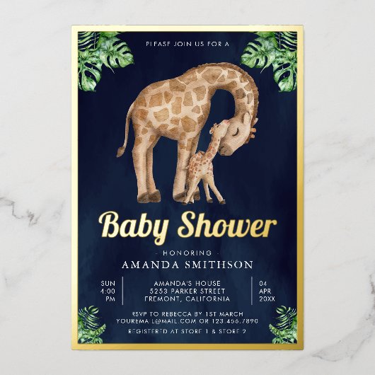 ママベビーキラフェサファリネイビーベイビーシャワー金ゴールド 箔招待状 (正面)