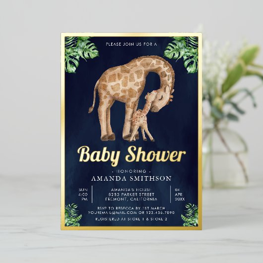 ママベビーキラフェサファリネイビーベイビーシャワー金ゴールド 箔招待状 (立ち正面)