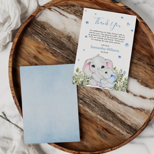 ママベビーゾウ青い水心ベビーシャワー サンキューカード