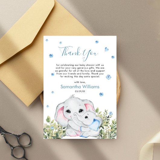 ママベビーゾウ青い水心ベビーシャワー サンキューカード