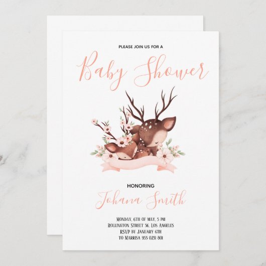 ママベビーディアピンクベビーシャワー招待状 招待状 (正面/裏面)