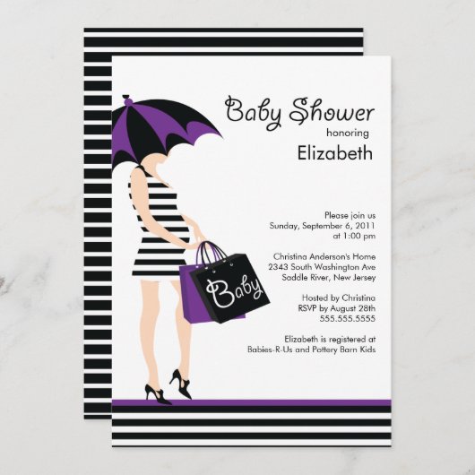 ママベモダンビーガールシャワートレンディーブラック&パープル 招待状 (正面/裏面)