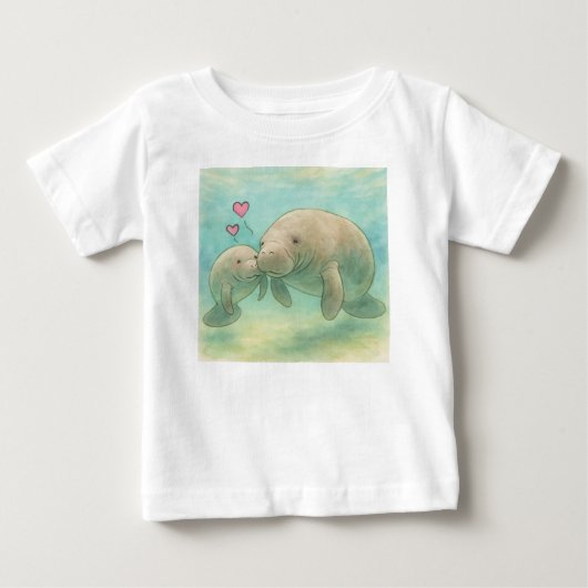 マママナティーと赤ちゃんの水彩イラスト – ベビーTシャツ (正面)