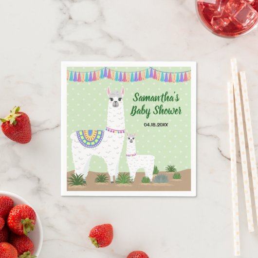 ママラマとベビーグリーン水玉模様ベビーシャワー スタンダードカクテルナプキン (インサイチュ)