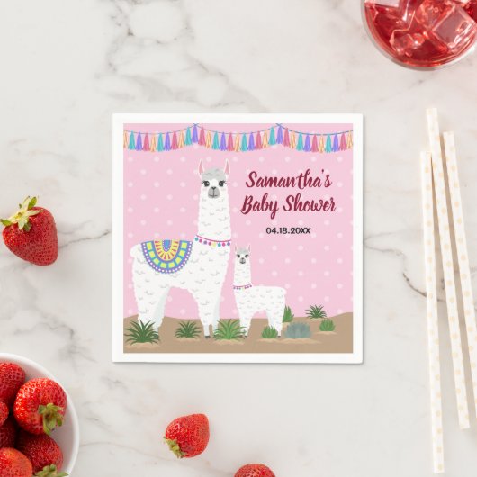 ママラマとベビーピンク水玉模様ベビーシャワー スタンダードカクテルナプキン (インサイチュ)