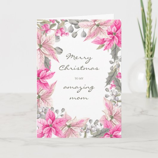 ママ冬のフローラピンクポインセチアのクリスマス カード (正面)