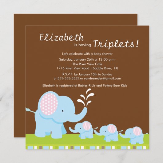 ママ及びベビー象の三重項のベビーシャワー 招待状 (正面/裏面)