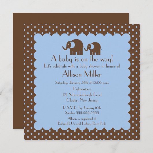 ママ及びベビー象の男の子のベビーシャワー 招待状 (正面/裏面)