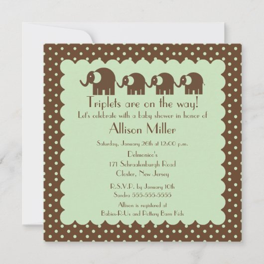 ママ及び三重項象のベビーシャワー 招待状 (正面)