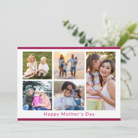 ママ大好き！5枚の写真コラージュ ピンクグリッター カード (スタンド正面)