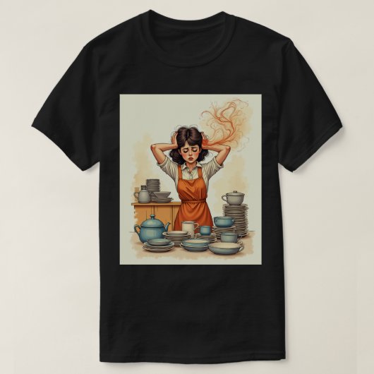ママ疲れた～！母の日常の混乱 キッチン・ユーモア Tシャツ (デザイン正面)