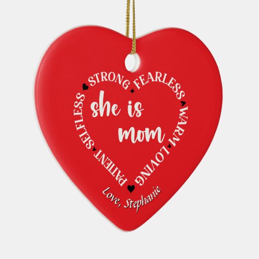 ママ評価引用文赤いハートのパーソナライズ セラミックオーナメント (右)