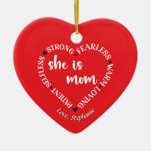 ママ評価引用文赤いハートのパーソナライズ セラミックオーナメント (正面)