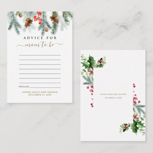 ママ赤ちゃんシャワーのための冬の緑のアドバイス エンクロージャーカード (正面/裏面)