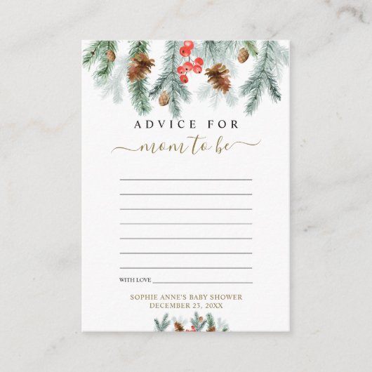 ママ赤ちゃんシャワーのための冬の緑のアドバイス エンクロージャーカード (正面)
