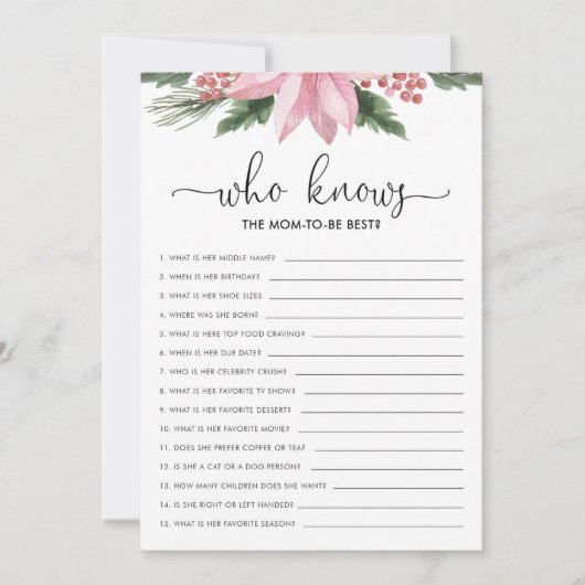 ママ赤ちゃんシャワーゲームを知っているピンクのポインセチア 招待状 (正面)