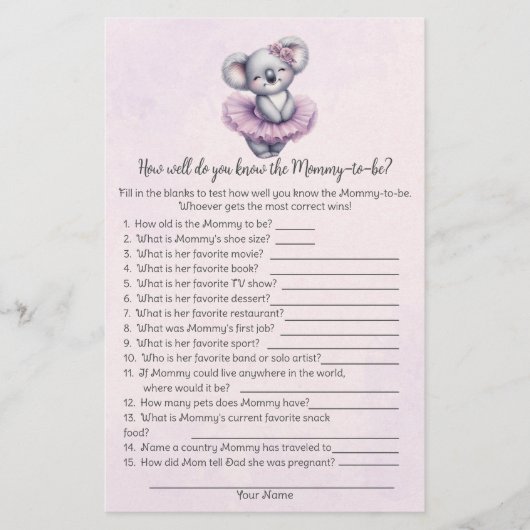 ママ赤ちゃんシャワー最高のゲームカードを知るコアラ 便箋 (正面)