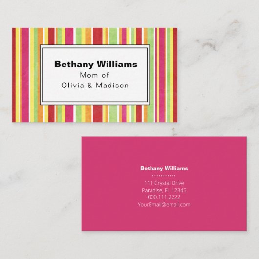 ママ遊びシンプルピンクグリーンストライプ通話カード 名刺 (正面/裏面)
