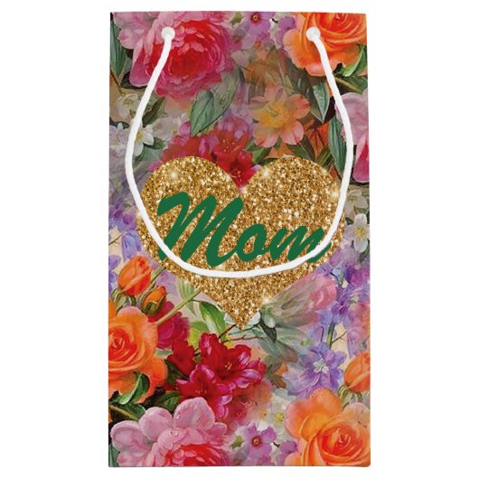 ママ金ゴールドフーグリッターハートカラフル春の花 スモールペーパーバッグ (裏面)