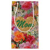 ママ金ゴールドフーグリッターハートカラフル春の花 スモールペーパーバッグ (正面)