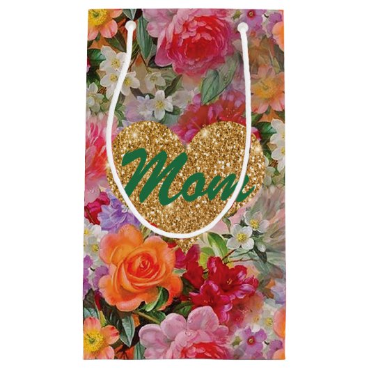 ママ金ゴールドフーグリッターハートカラフル春の花 スモールペーパーバッグ (正面)