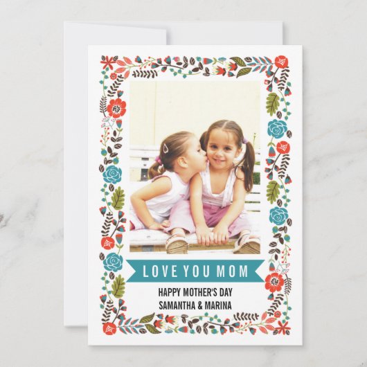ママ、ハッピーマザーズ日ティール（緑がかった色）と赤フローラ写真 カード (正面)