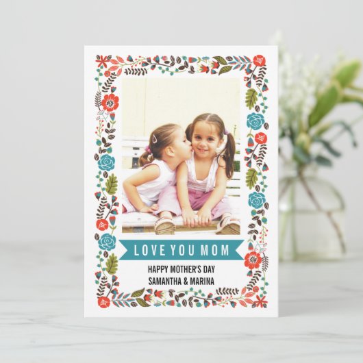 ママ、ハッピーマザーズ日ティール（緑がかった色）と赤フローラ写真 カード (スタンド正面)