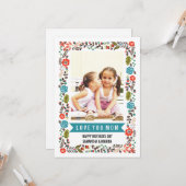 ママ、ハッピーマザーズ日ティール（緑がかった色）と赤フローラ写真 カード (正面/裏面インサイチュ)