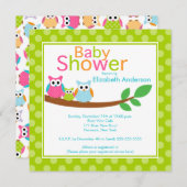 ママ&パパフクロウとベビーフクロウニュートラルベビーシャワー 招待状 (正面/裏面)