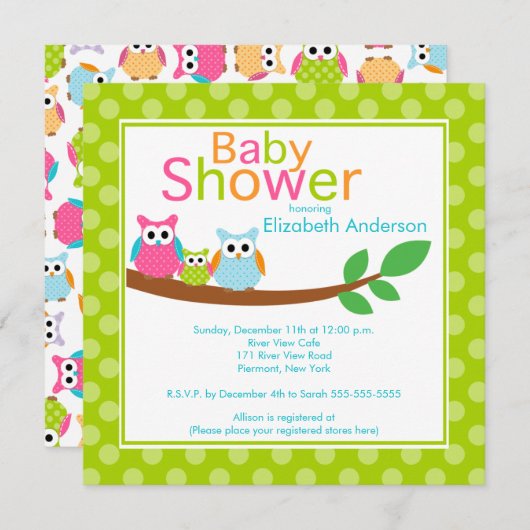 ママ&パパフクロウとベビーフクロウニュートラルベビーシャワー 招待状 (正面/裏面)