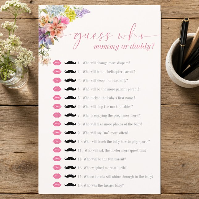 ママ?パパ?水彩フラワーベビーシャワーゲーム (Guess Who Mommy Or Daddy? Baby Shower Game - Baby in Bloom)