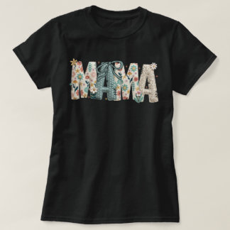 ママ フラワーパッチワークステッチ ボウ マザーズデイ プレゼント Tシャツ