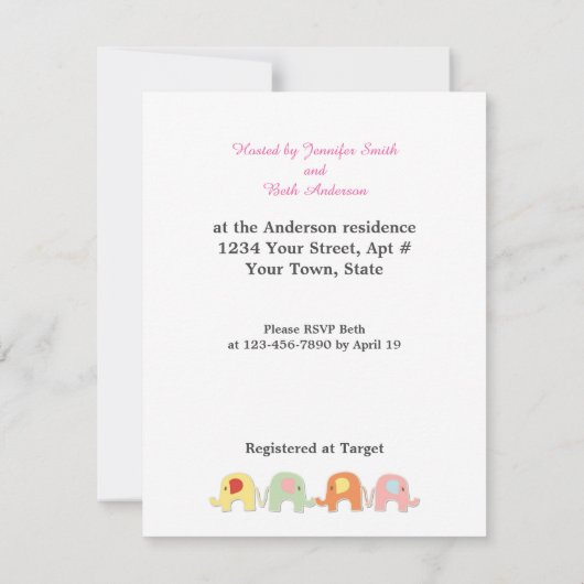 ママ&ベビーガールエレファントシャワー招待状 招待状 (裏面)