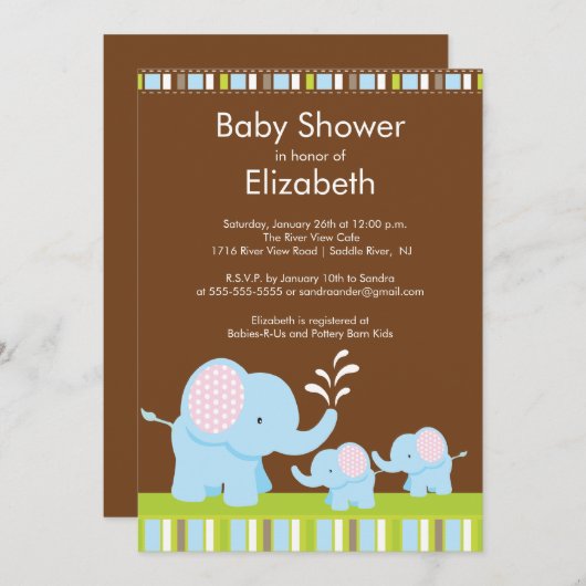 ママ&ベビーゾウ双子ベビーシャワーボーイ 招待状 (正面/裏面)