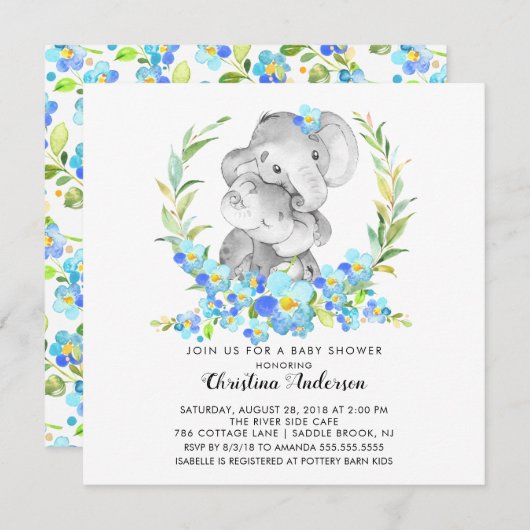 ママ&ベビーゾウ赤ちゃんシャワー 招待状 (正面/裏面)
